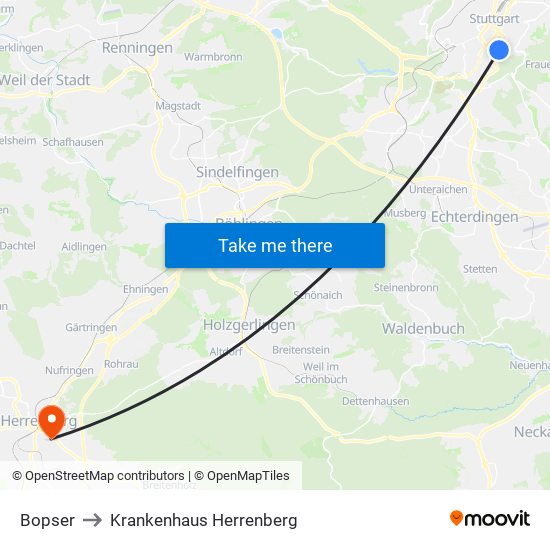 Bopser to Krankenhaus Herrenberg map