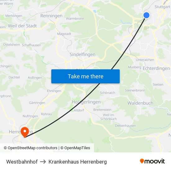 Westbahnhof to Krankenhaus Herrenberg map