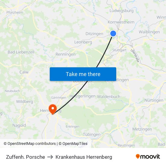 Zuffenh. Porsche to Krankenhaus Herrenberg map