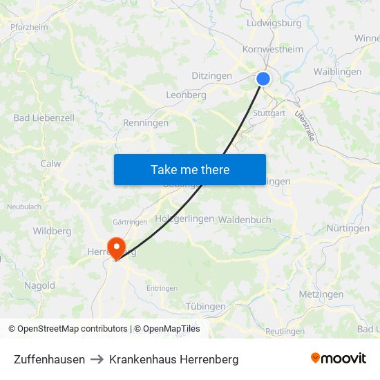 Zuffenhausen to Krankenhaus Herrenberg map