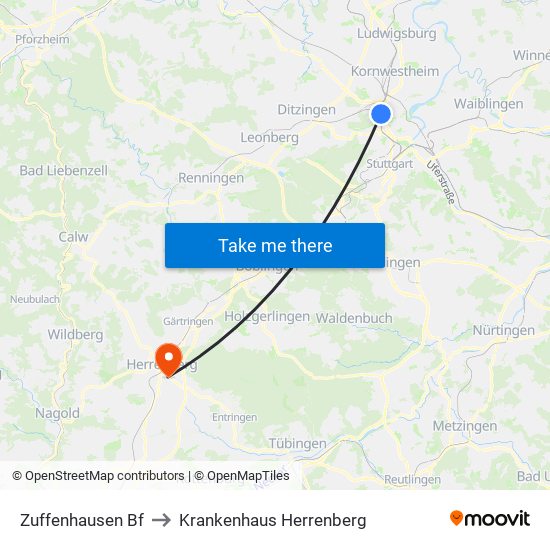 Zuffenhausen Bf to Krankenhaus Herrenberg map