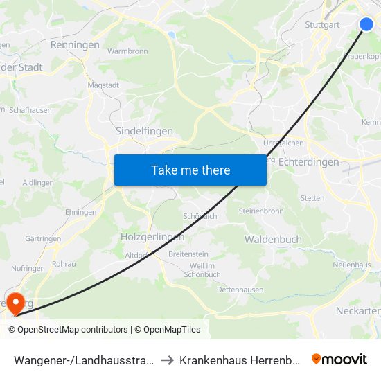 Wangener-/Landhausstraße to Krankenhaus Herrenberg map