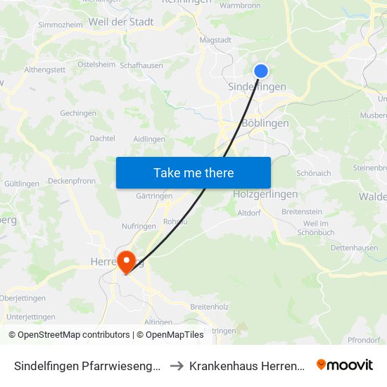 Sindelfingen Pfarrwiesengymn. to Krankenhaus Herrenberg map