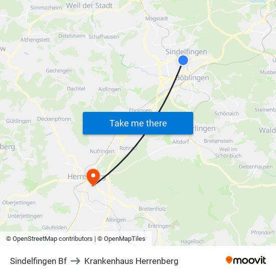 Sindelfingen Bf to Krankenhaus Herrenberg map