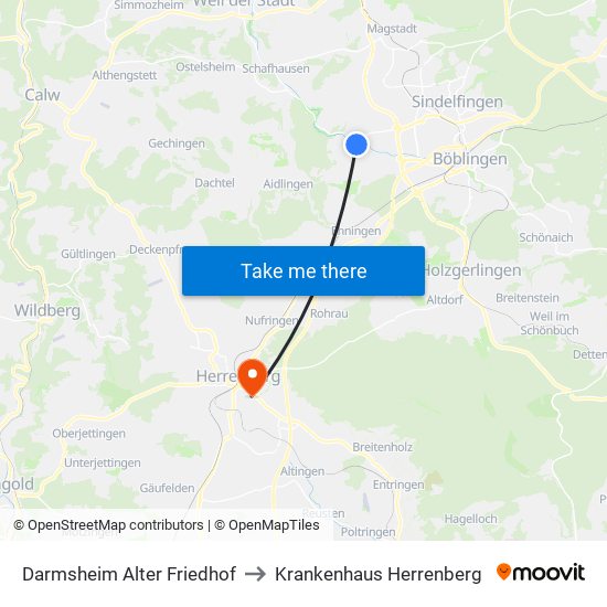 Darmsheim Alter Friedhof to Krankenhaus Herrenberg map