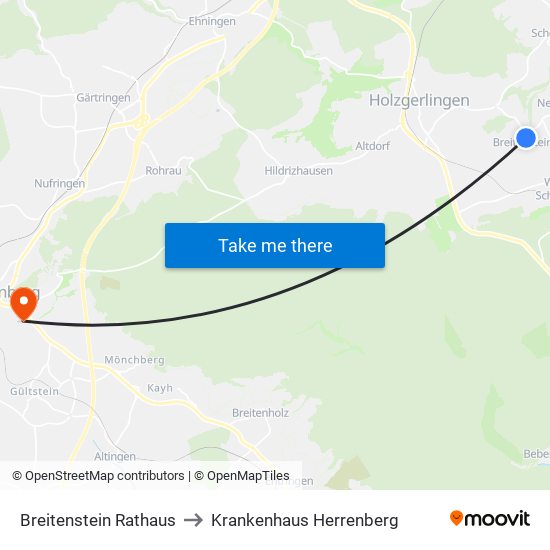 Breitenstein Rathaus to Krankenhaus Herrenberg map