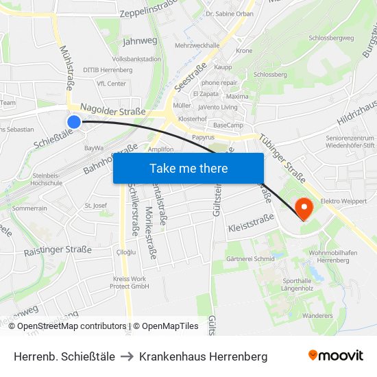 Herrenb. Schießtäle to Krankenhaus Herrenberg map