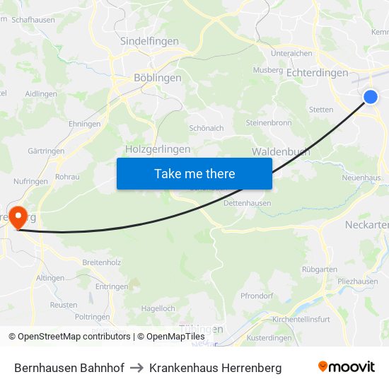 Bernhausen Bahnhof to Krankenhaus Herrenberg map