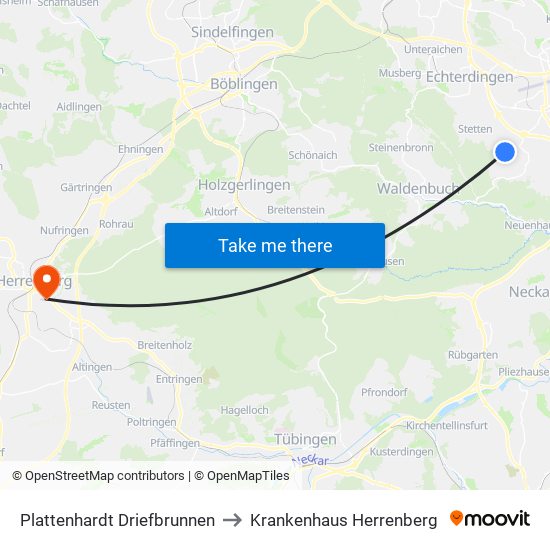 Plattenhardt Driefbrunnen to Krankenhaus Herrenberg map