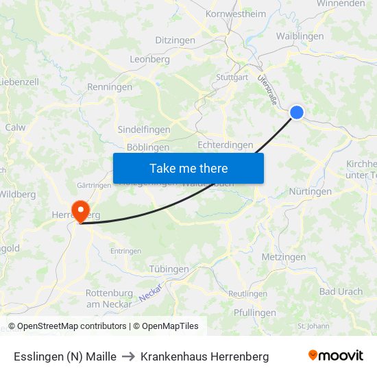 Esslingen (N) Maille to Krankenhaus Herrenberg map