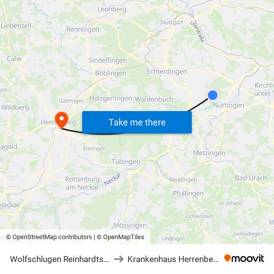 Wolfschlugen Reinhardtstr. to Krankenhaus Herrenberg map