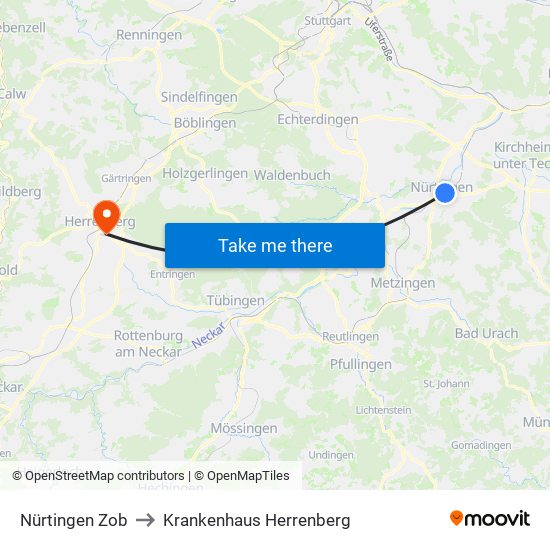 Nürtingen Zob to Krankenhaus Herrenberg map