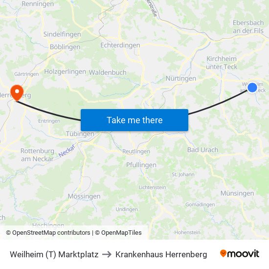 Weilheim (T) Marktplatz to Krankenhaus Herrenberg map