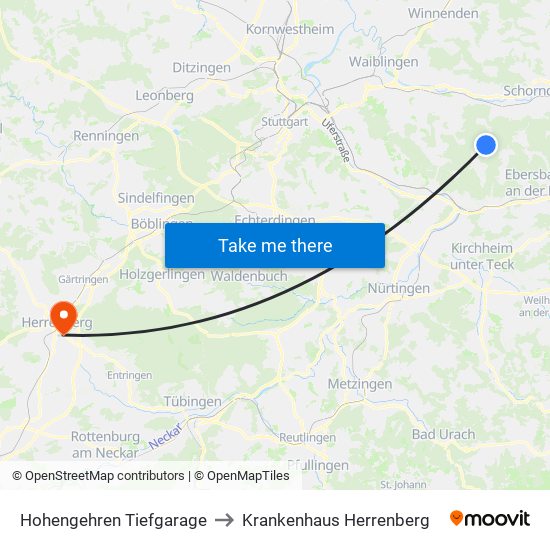 Hohengehren Tiefgarage to Krankenhaus Herrenberg map