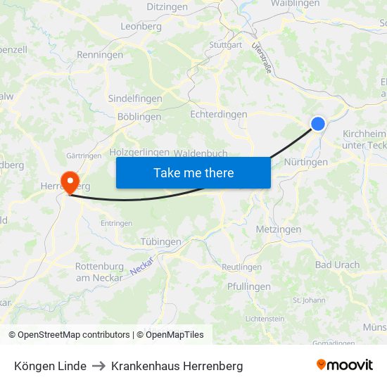 Köngen Linde to Krankenhaus Herrenberg map