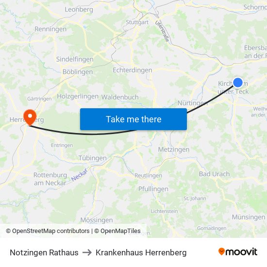 Notzingen Rathaus to Krankenhaus Herrenberg map