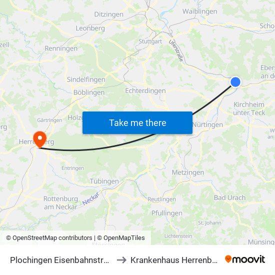 Plochingen Eisenbahnstraße to Krankenhaus Herrenberg map