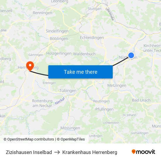 Zizishausen Inselbad to Krankenhaus Herrenberg map