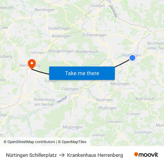 Nürtingen Schillerplatz to Krankenhaus Herrenberg map