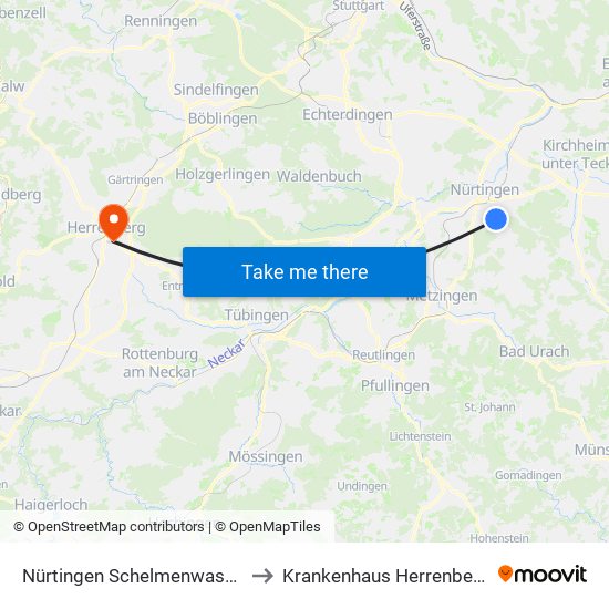 Nürtingen Schelmenwasen to Krankenhaus Herrenberg map