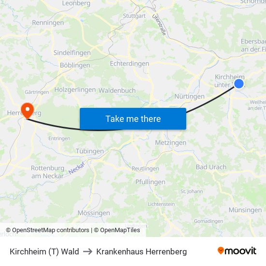 Kirchheim (T) Wald to Krankenhaus Herrenberg map
