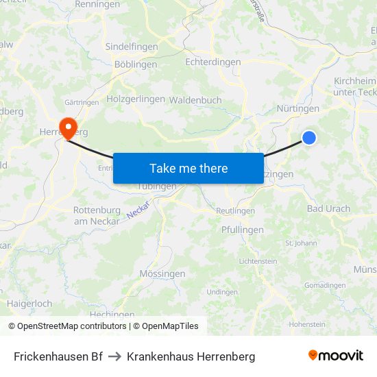 Frickenhausen Bf to Krankenhaus Herrenberg map