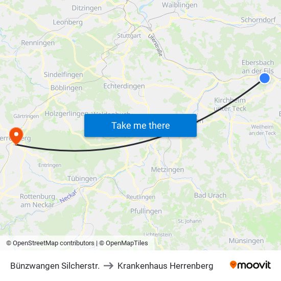 Bünzwangen Silcherstr. to Krankenhaus Herrenberg map