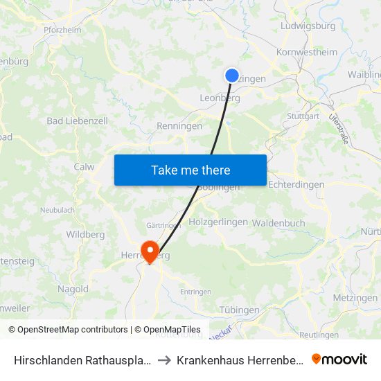 Hirschlanden Rathausplatz to Krankenhaus Herrenberg map