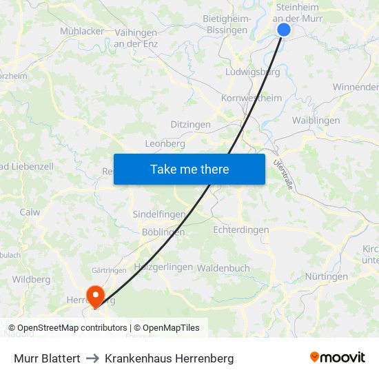 Murr Blattert to Krankenhaus Herrenberg map