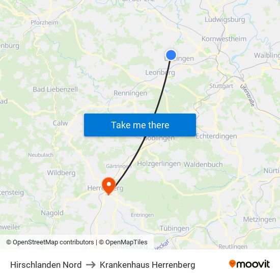 Hirschlanden Nord to Krankenhaus Herrenberg map