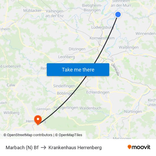 Marbach (N) Bf to Krankenhaus Herrenberg map