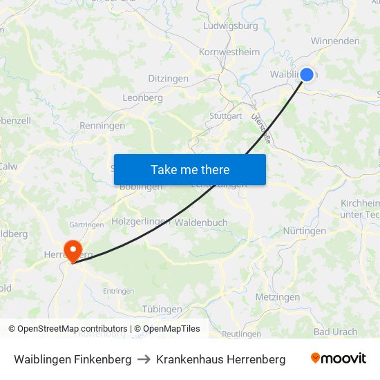Waiblingen Finkenberg to Krankenhaus Herrenberg map