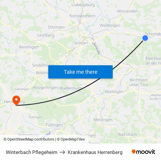 Winterbach Pflegeheim to Krankenhaus Herrenberg map