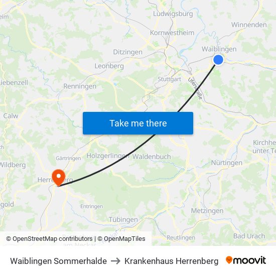 Waiblingen Sommerhalde to Krankenhaus Herrenberg map