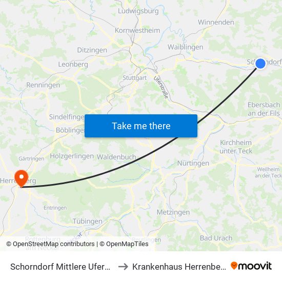 Schorndorf Mittlere Uferstr. to Krankenhaus Herrenberg map