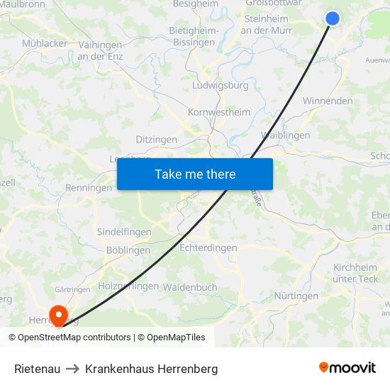 Rietenau to Krankenhaus Herrenberg map