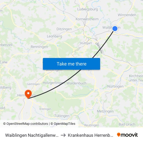 Waiblingen Nachtigallenweg to Krankenhaus Herrenberg map