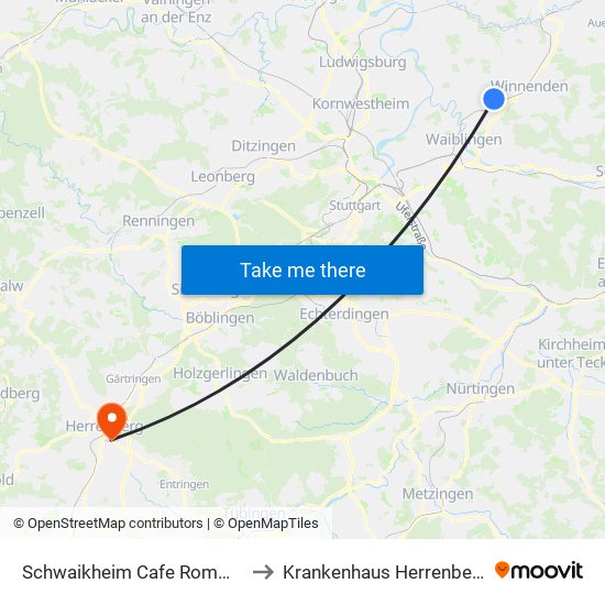 Schwaikheim Cafe Rommel to Krankenhaus Herrenberg map
