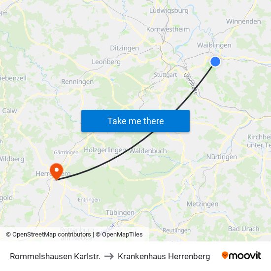 Rommelshausen Karlstr. to Krankenhaus Herrenberg map