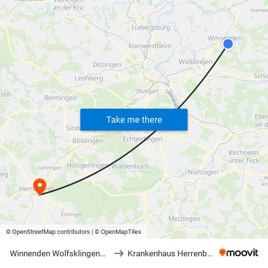 Winnenden Wolfsklingenweg to Krankenhaus Herrenberg map