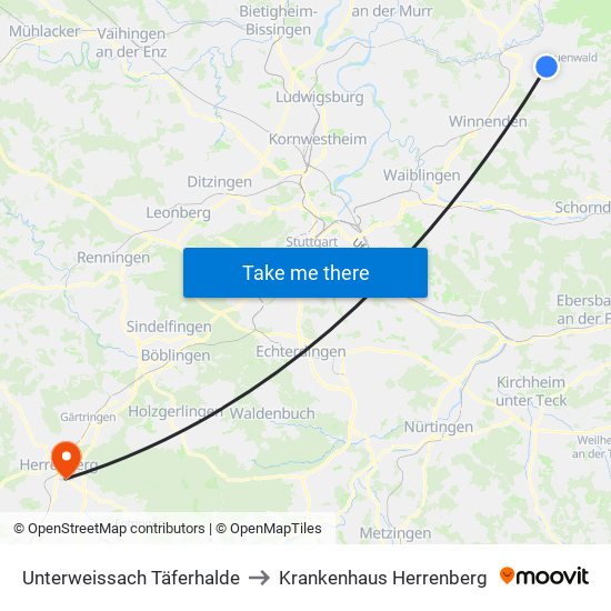Unterweissach Täferhalde to Krankenhaus Herrenberg map