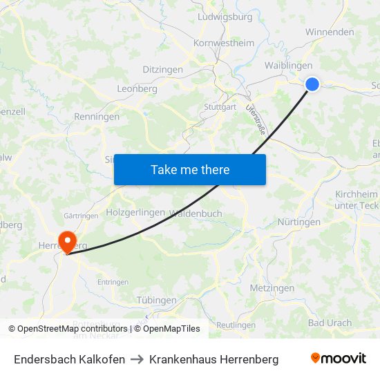 Endersbach Kalkofen to Krankenhaus Herrenberg map
