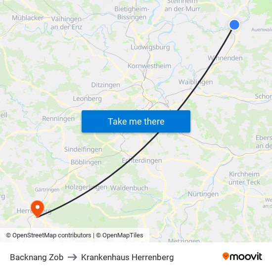 Backnang Zob to Krankenhaus Herrenberg map