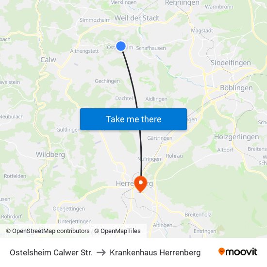 Ostelsheim Calwer Str. to Krankenhaus Herrenberg map