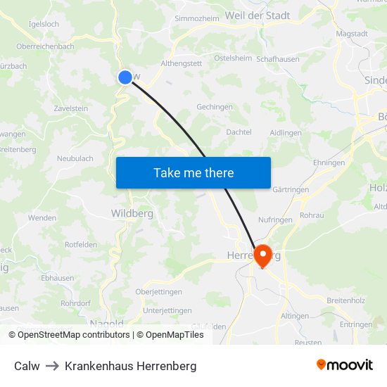 Calw to Krankenhaus Herrenberg map