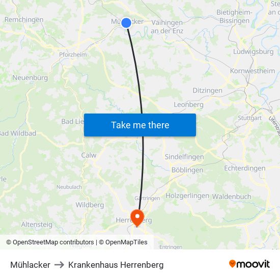 Mühlacker Bf to Krankenhaus Herrenberg map