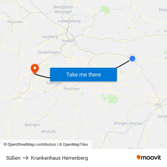 Süßen to Krankenhaus Herrenberg map