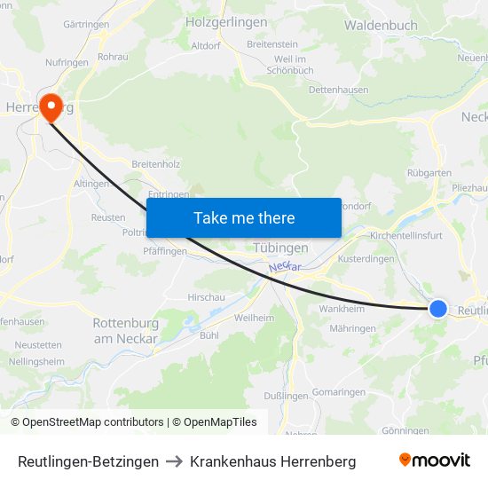 Reutlingen-Betzingen to Krankenhaus Herrenberg map