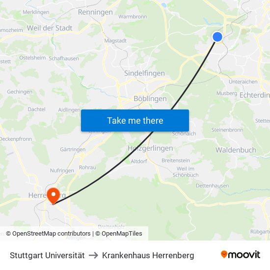 Stuttgart Universität to Krankenhaus Herrenberg map