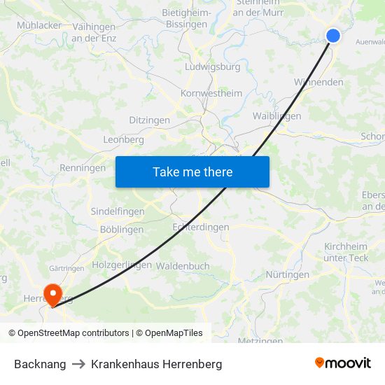 Backnang to Krankenhaus Herrenberg map